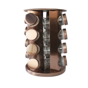 PORTA TEMPERO DE VIDRO GIRATÓRIO COBRE REDONDO COM SUPORTE 16 PÇS - BF4069