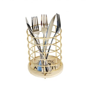 PORTA TALHER DE METAL ARAMADO REDONDO COM BASE EM MADEIRA 16X12CM - FERSC09-DOU