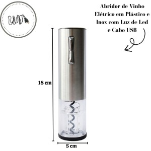 ABRIDOR DE VINHO ELÉTRICO EM PLÁSTICO E INOX COM LUZ DE LED 18CM - 4431