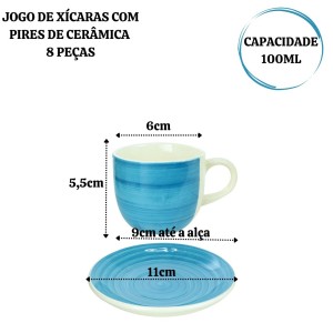 JOGO DE XÍCARAS COM PIRES DE CERÂMICA 8 PEÇAS 100ML - CA18071-AZ