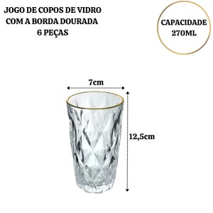 JOGO DE COPOS DE VIDRO COM BORDA DOURADA 6 PEÇAS 270ML - CA16213