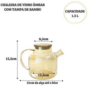 CHALEIRA DE VIDRO ÂMBAR COM TAMPA DE BAMBU  - DT8455