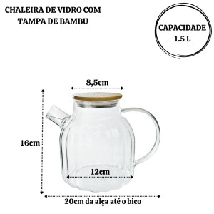 CHALEIRA DE VIDRO DE BOROSSILICATO COM TAMPA DE BAMBU 1,5LITROS - DT9303
