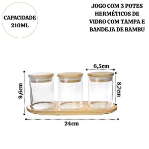 JOGO COM 3 POTES HERMÉTICOS DE VIDRO COM TAMPA E BANDEJA DE BAMBU - DT24342