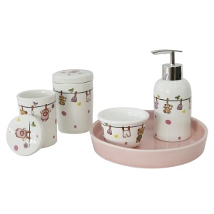 JOGO DE BANHEIRO HIGIENE DE PORCELANA ESTAMPA MENINA COM 5 PEÇAS - 2079