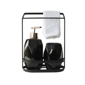 JOGO DE BANHEIRO DE PORCELANA COM SUPORTE DE METAL E TOALHA COM 3 PEÇAS - 2479-PT