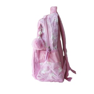 MOCHILA ESCOLAR DE POLIÉSTER TAMANHO 15 COM  PINGENTE POMPOM NA LATERAL - H1-RS