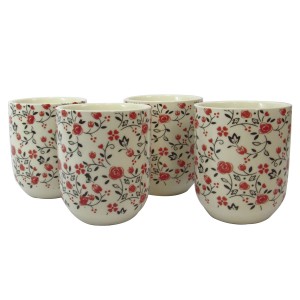 CONJUNTO DE 04 CANECAS ORIENTAL PARA CHÁ DE PORCELANA 150ML (CADA)  ESTAMPA FLORAL - CN30A-LJ