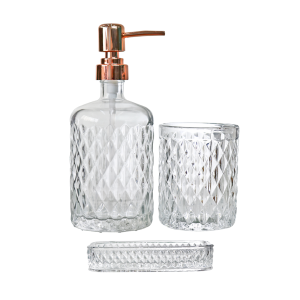 JOGO DE BANHEIRO DE VIDRO  EM ALTO RELÊVO COM 3 PEÇAS 420 ML - 3409
