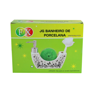 KIT PORTA SABONETE LÍQUIDO DE PORCELANA COM ESCOVA E ESPONJA - JRB21812-B