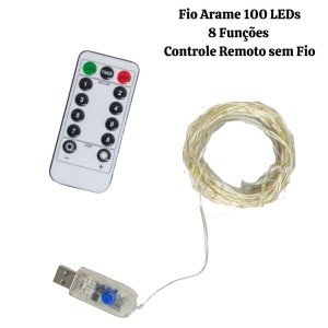 FIO ARAME 100 LED 8F CONTROLE REMOTO SEM FONTE WARM 10M USO INTERNO - 25005