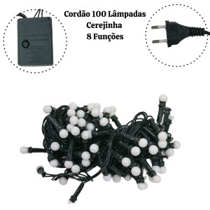 100 LÂMPADAS CEREJINHA BRANCA FIO VERDE 8FUNÇÕES 127V USO INTERNO - 17012