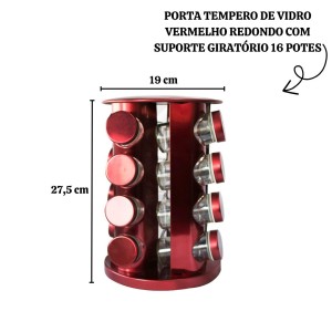PORTA TEMPERO DE VIDRO GIRATÓRIO VERMELHO REDONDO COM SUPORTE 16 PÇS - BF4075