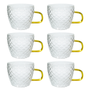 JOGO DE XÍCARA DE VIDRO COM ALÇA DOURADA 6 PÇS 110ML - V669-1